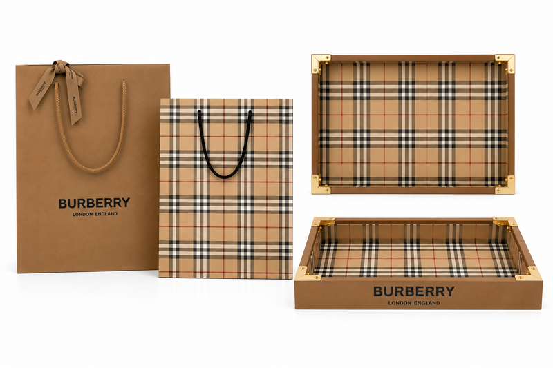 This gift packaging set featuring a brown paper shopping bag, a matching plaid shopping bag, and two plaid-lined gift boxes with gold-tone corner protectors, all on a white background.